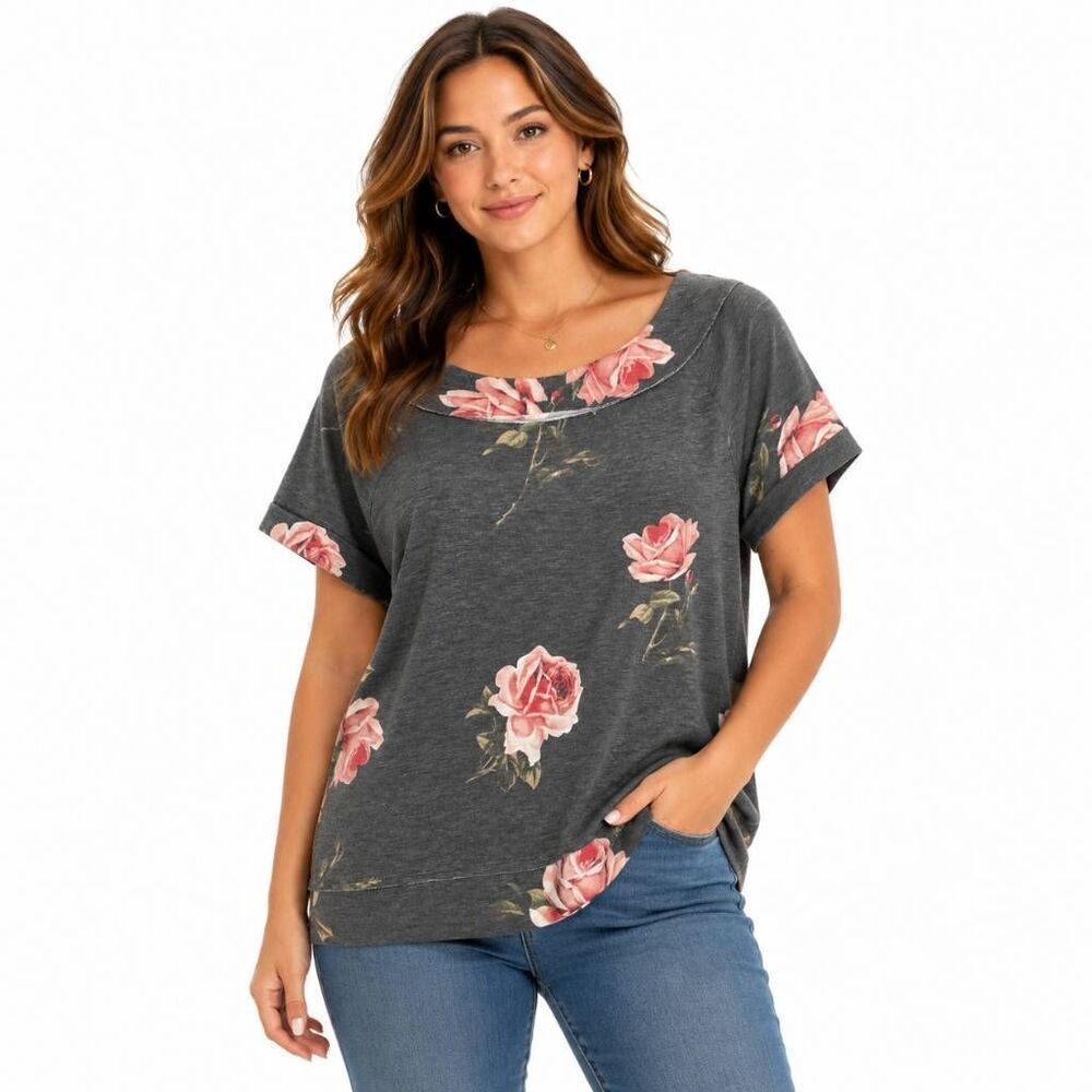 Maurices Large Gray Pink Floral Short Sleeve Sweatshirt